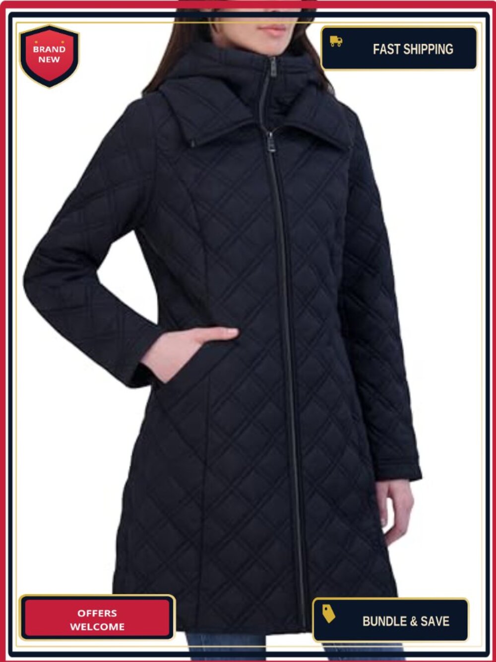Women's Quilted Jacket Silky Taffeta Water-Resistant Long Sleeve Zip Front